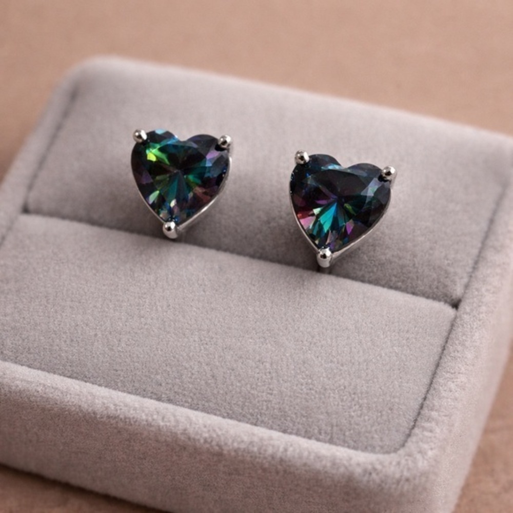 Mystic Topaz CZ Heart Prong Set 925 Silver Earrings | Post Back 1.56 TW NWT #475